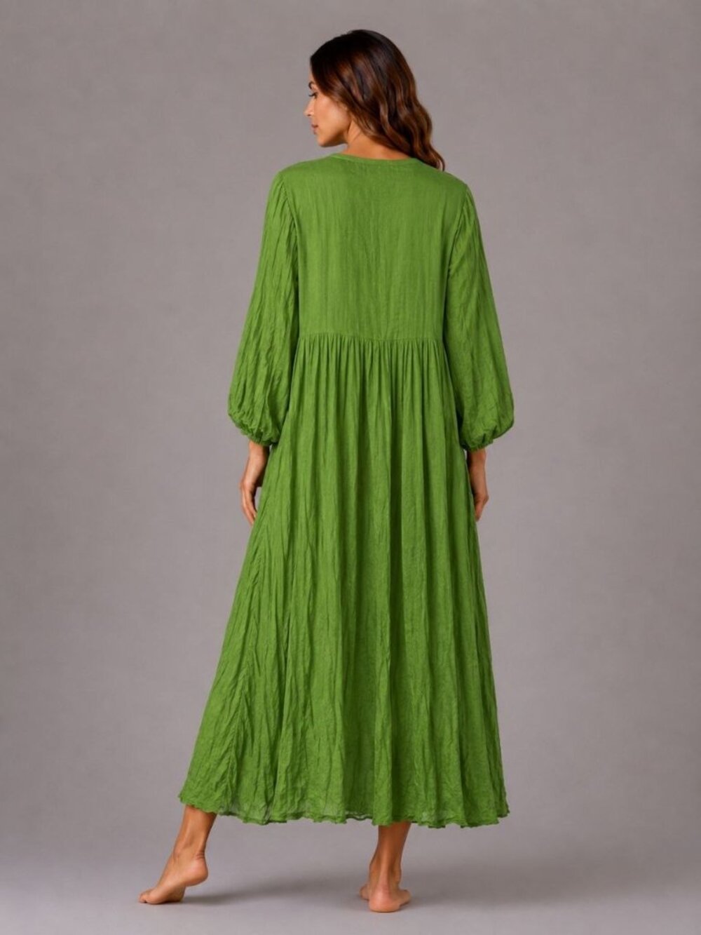NEW Green Cotton Boho Maxi Dress – Oversized Relaxed Fit with Pockets Thailand - Picture 4 of 10
